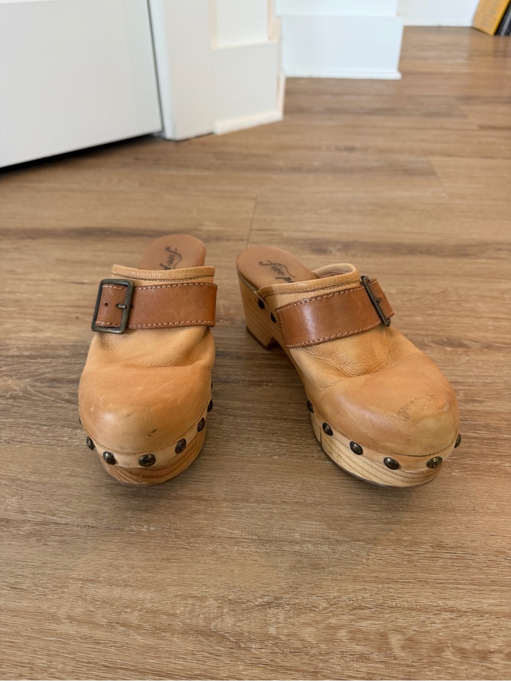 Free People Tan Leather Studded Wood Clogs
